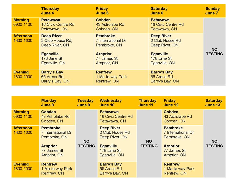 testing schedule for June 4 - 13